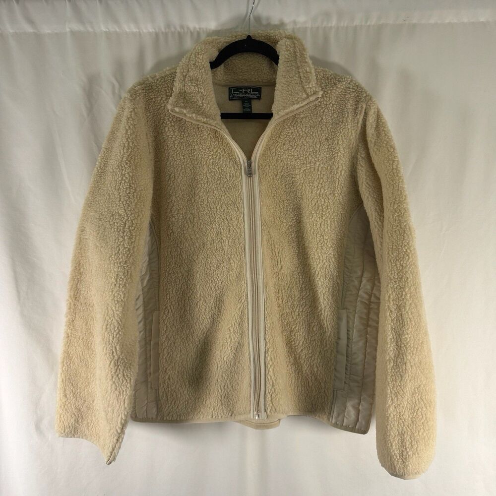 Lauren Ralph Lauren Fleece Jacket Women's XL Ivory Full Zip Turtleneck Pockets